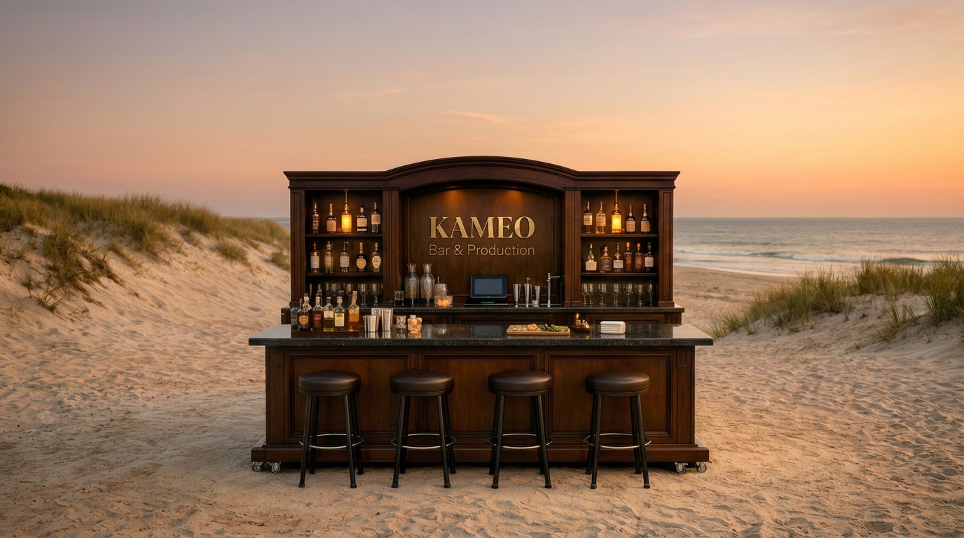Kameo — a wooden pop-up bar with the KAMEO wordmark, set on a beach at sunset
