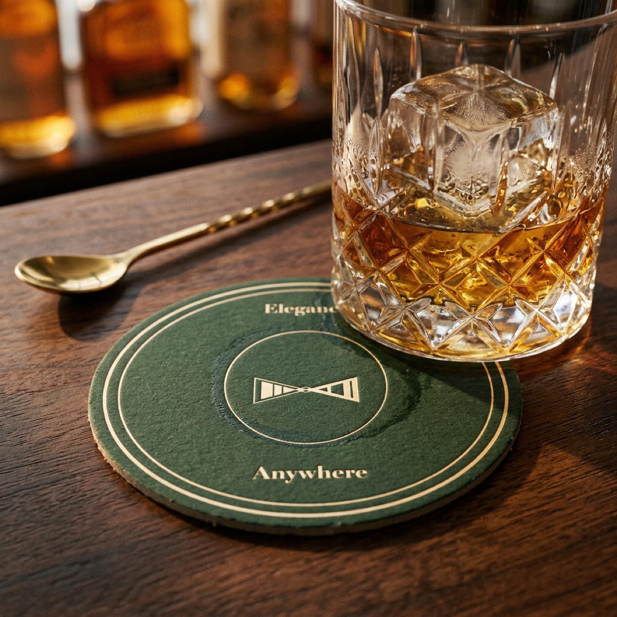 Kameo — branded coaster with the symbolmark, 'Elegance Anywhere', under a whiskey glass