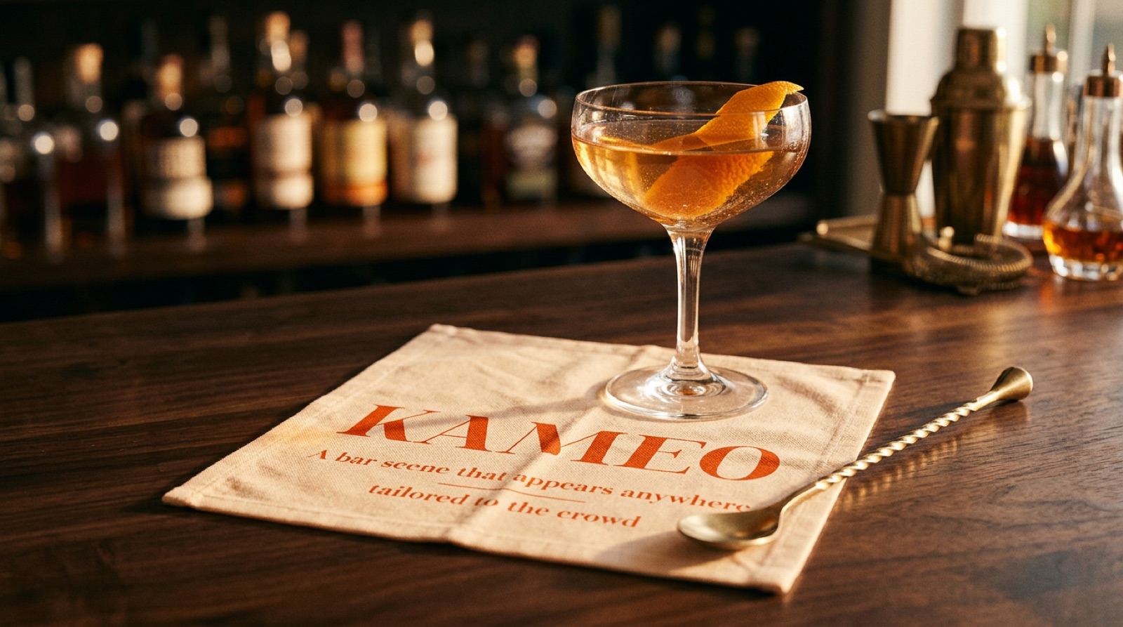 Kameo — branded cocktail napkin under a coupe glass, warm-amber lighting