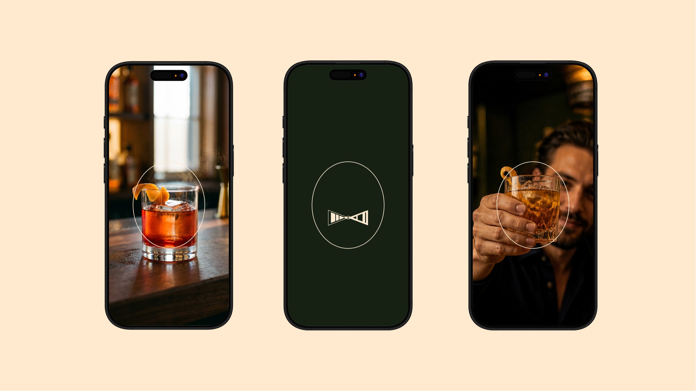 Kameo — three-up social system: cocktail, brand symbolmark, and bartender phone mockups on cream